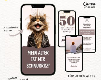 Funny digital birthday invitation | Animated eCard birthday invitation | Cat-themed WhatsApp video invitation | Canva template instant download