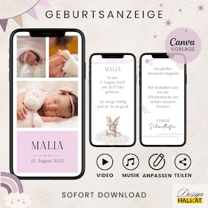 Geburtsanzeige mit Foto digital eCard Geburt Mädchen minimalistisch Baby Karte Whatsapp personalisierbar Canva-Vorlage animiert Musik rosa