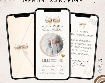Digital birth announcement | Announce birth via WhatsApp | Personalized eCard baby card | Animated Canva template with music and photo (beige)