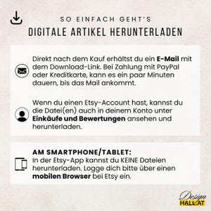 May include: A cream-colored graphic with the text "SO EINFACH GEHT'S DIGITALE ARTIKEL HERUNTERLADEN" at the top. Below, instructions explain how to download digital items after purchase, including via email and Etsy account. The bottom of the graphic has the Design Hall.AT logo.