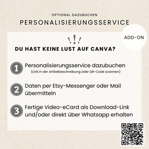 May include: A white graphic with text in German, including "PERSONALISIERUNGSSERVICE" and "DU HAST KEINE LUST AUF CANVA?". It also features numbered steps and a QR code, with an "ADD-ON" label.