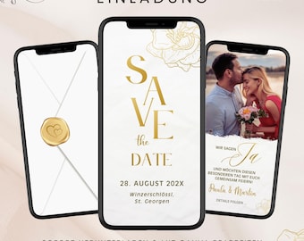 Digitale save-the-date voor je bruiloft, video-e-card trouwuitnodiging, elegante WhatsApp Canva-sjabloon "Wij zeggen ja" met foto en muziek, wit en goud