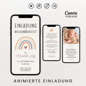 Digitale Einladung Willkommensfest Regenbogen personalisierbar Canva Vorlage eCard Willkommensfeier Baby Einladung animiert mit Foto & Musik
