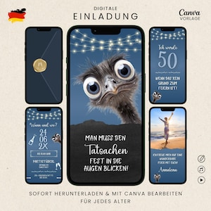 Digitale Geburtstagseinladung lustig | Whatsapp Einladung Geburtstag witzig | eCard Geburtstagsfeier mit Foto & Musik | Canva Vorlage blau