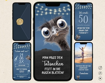Digitale Geburtstagseinladung lustig | Whatsapp Einladung Geburtstag witzig | eCard Geburtstagsfeier mit Foto & Musik | Canva Vorlage blau
