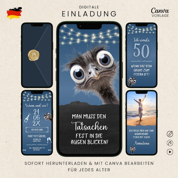 Digitale Geburtstagseinladung lustig | Whatsapp Einladung Geburtstag witzig | eCard Geburtstagsfeier mit Foto & Musik | Canva Vorlage blau