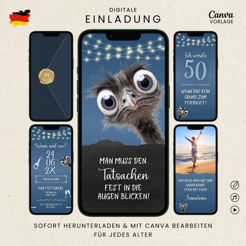 Digitale Einladung zum Geburtstag mit Umschlag-Animation, lustige Einladungskarte mit Strauss-Motiv und Spruch "Man muss den Tatsachen fest in die Augen blicken" mit blauem Hintergrund, animierte Canva-Vorlage mit Musik & Foto, mit freiem Canva-Account personalisieren, für jedes Alter, als Video herunterladen und Videoeinladung per Whatsapp versenden