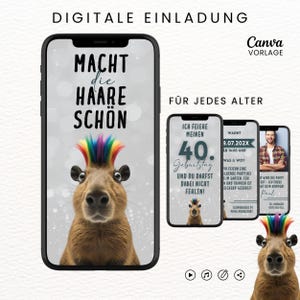 Digitale Einladung Geburtstag lustig "Macht die Haare schön", Animierte Einladung Capybara, Videoeinladung mit Musik, Canva-Vorlage personalisierbar, 4 Seiten, Sofort Download, eCard Whatsapp Einladung zum Versenden mit Whatsapp, Instagram, Facebook, Messenger, SMS und E-Mail, lustige Einladungskarte für jedes Alter für Frauen und Männer, Partyeinladung mit witzigem Capybara