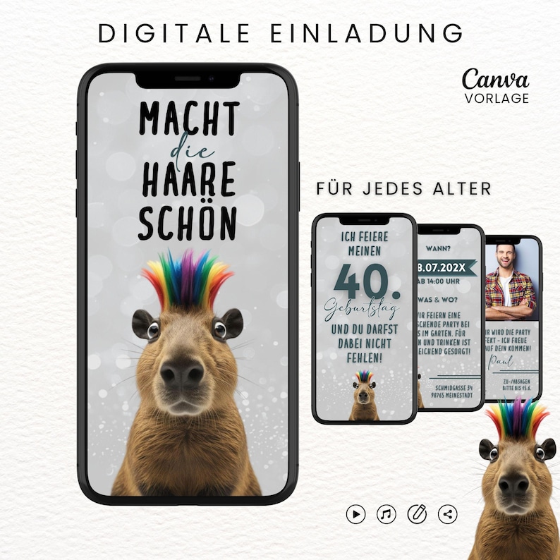 Digitale Einladung Geburtstag lustig "Macht die Haare schön", Animierte Einladung Capybara, Videoeinladung mit Musik, Canva-Vorlage personalisierbar, 4 Seiten, Sofort Download, eCard Whatsapp Einladung zum Versenden mit Whatsapp, Instagram, Facebook, Messenger, SMS und E-Mail, lustige Einladungskarte für jedes Alter für Frauen und Männer, Partyeinladung mit witzigem Capybara