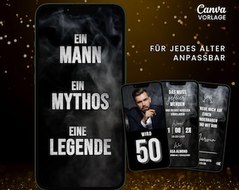 Birthday Invitation for Men | Digital Birthday Invitation with Photo & Music | Animated Canva Template for WhatsApp | Man Myth Legend