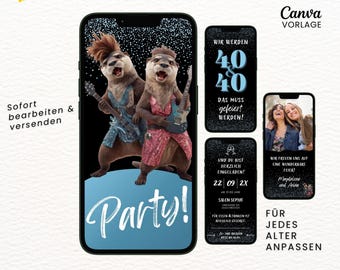 Digital invitation for a double birthday party with photo | Funny animated birthday invitation | WhatsApp video invitation for a double party | Canva template