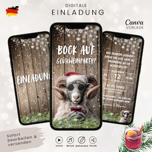 Könnte beinhalten: Drei Smartphone-Bildschirme zeigen eine digitale Einladungsvorlage mit rustikalem Holzhintergrund und Schneefall. Der mittlere Bildschirm zeigt einen Widder mit Weihnachtsmütze und Sonnenbrille, der eine Tasse hält, mit dem Text BOCK AUF GLÜHWEINPARTY.