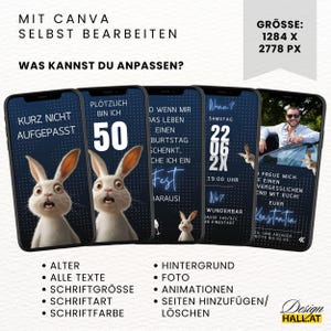 Lustige Einladung zum Geburtstag digital, Animierte Einladung Hase blau, Videoeinladung mit Musik personalisierbar, Canva-Vorlage mit lustigem Spruch "Kurz nicht aufgepasset..." mit 5 Seiten und 1 Startseite für das Video, Sofort Download, eCard Videoeinladung mit Hasen-Motiv zum Versenden mit Whatsapp, Instagram, Facebook, Messenger, SMS und E-Mail, lustige Einladungskarte Geburtstag für jedes Alter für Frauen und Männer,