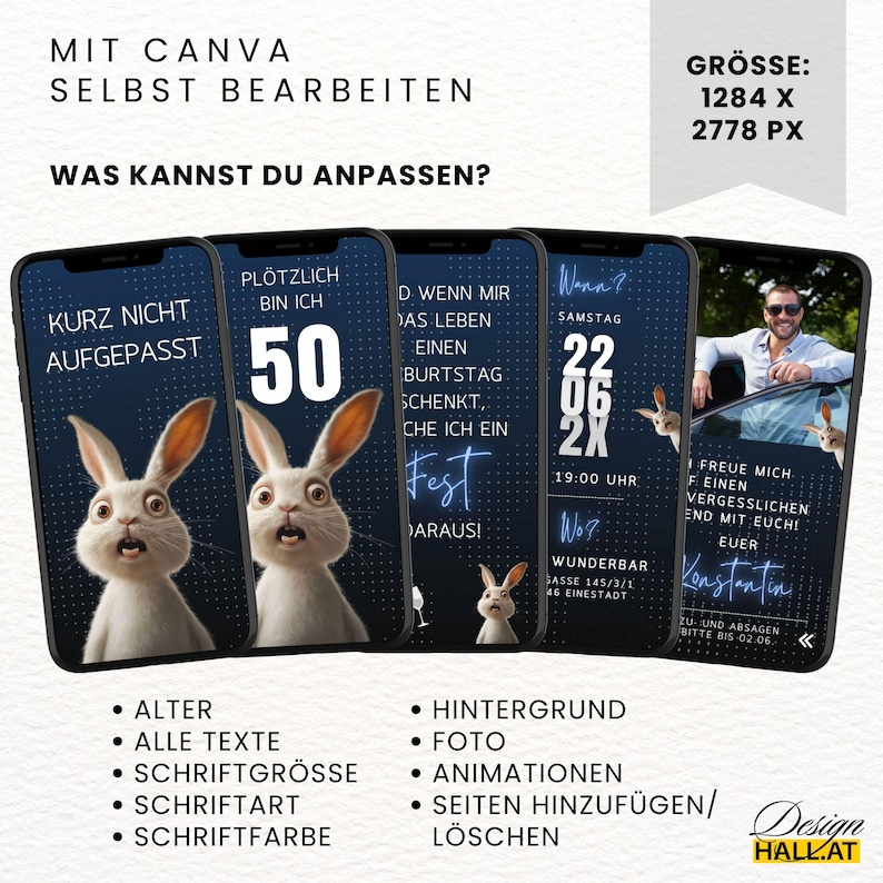 Lustige Einladung zum Geburtstag digital, Animierte Einladung Hase blau, Videoeinladung mit Musik personalisierbar, Canva-Vorlage mit lustigem Spruch "Kurz nicht aufgepasset..." mit 5 Seiten und 1 Startseite für das Video, Sofort Download, eCard Videoeinladung mit Hasen-Motiv zum Versenden mit Whatsapp, Instagram, Facebook, Messenger, SMS und E-Mail, lustige Einladungskarte Geburtstag für jedes Alter für Frauen und Männer,