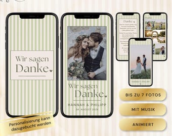 Danksagung Hochzeit digital, Danke eCard mit Fotocollage für 7 Fotos animiert & mit Musik, WhatsApp Canva Vorlage personalisierbar