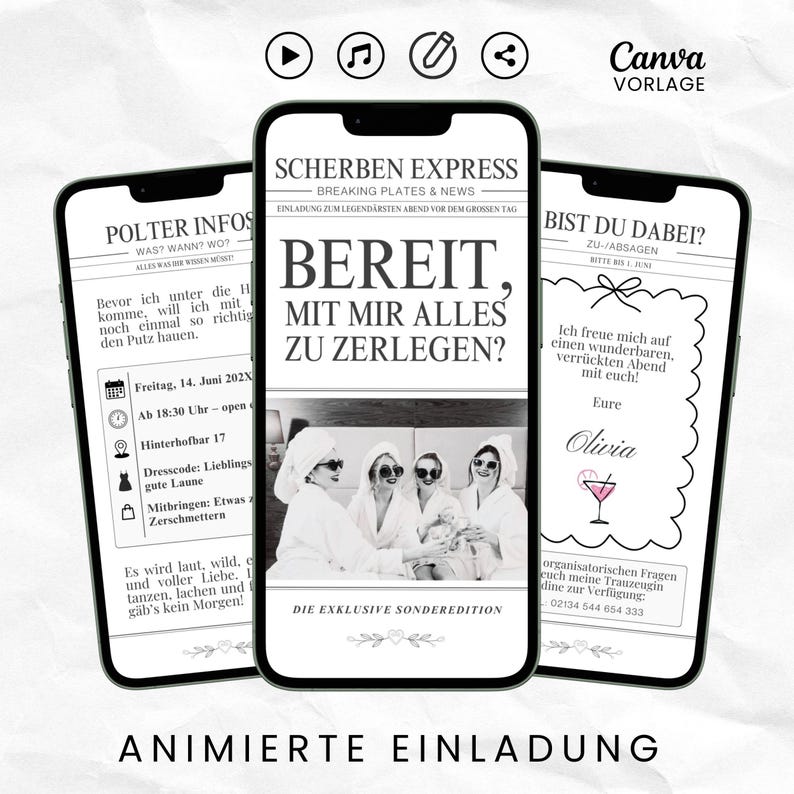 Animierte Canva-Vorlage mit drei Seiten für eine Einladung zum Polterabend / Junggesellenabschied im Stil einer Zeitung. Die Headline lautet "Bereit, mit mir alles zu zerlegen?". Darunter ist ein Foto-Platzhalter für ein eigenes Foto. Weiters können die Infos über Datum, Ort, Dresscode sowie Rückmeldung angepasst werden. Die Vorlage kann mit einem freien Canva-Account bearbeitet werden, enthält lizenzfreie Musik und ist fertig animiert. Bonus: 2 zusätzliche Farbvarianten