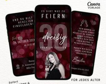 Digitale uitnodiging verjaardag aanpasbare eCard verjaardagsuitnodiging geanimeerd met muziek Whatsapp uitnodiging Canva sjabloon met foto rood