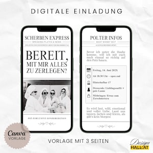 Die lustige Einladungsvorlage "Scherben Express" besteht aus drei Seiten und einer zusätzlichen Seite, die als Startseite vor dem Abspielen des Videos im Messenger angezeigt wird. Die Einladung kann sowohl für einen gemeinsamen Polterabend des Brautpaares, als auch für ein getrenntes Poltern verwendet werden. Die Vorlage eignet sich für Braut und Bräutigam gleichermaßen und kann dementsprechend angepasst werden. Alle Texte - auch die Headline - können beliebig angepasst werden.