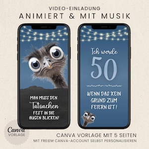 Funny digital birthday invitation | Humorous WhatsApp birthday invitation | Birthday party eCard with photo & music | Blue Canva template image 3