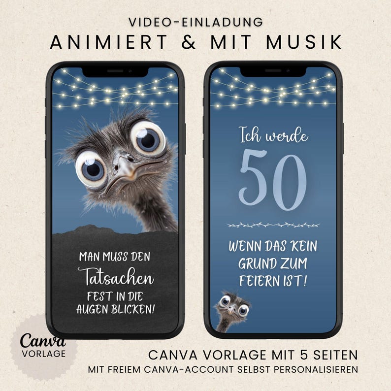 Funny digital birthday invitation | Humorous WhatsApp birthday invitation | Birthday party eCard with photo & music | Blue Canva template image 3