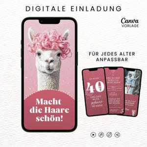 Digitale Geburtstagseinladung mit lustigem Alpaka im Lockenlook. Animiertes Design mit dem Spruch 'Macht die Haare schön'. Personalisierbar in Canva und als MP4-Video mit Musik downloadbar. Perfekt zum Versenden via WhatsApp oder E-Mail.
