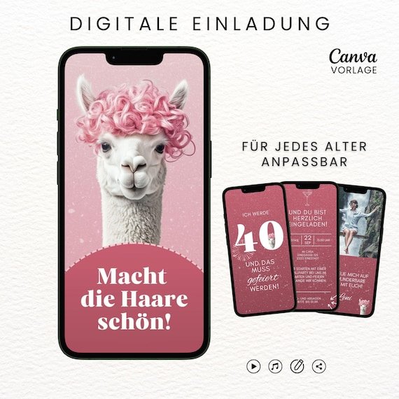 Lustige Geburtstagseinladung digital Alpaka animiert Whatsapp Einladung Geburtstag personalisierbar Frau Mach die Haare schön eCard mit Foto