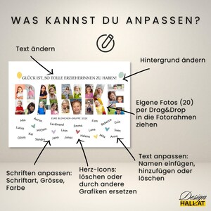 May include: A customizable photo collage with the German word "DANKE" (THANK YOU) formed by children's photos. The design includes text options, background changes, and the ability to add or remove names. The text at the top says "WHAT CAN YOU CUSTOMIZE?"