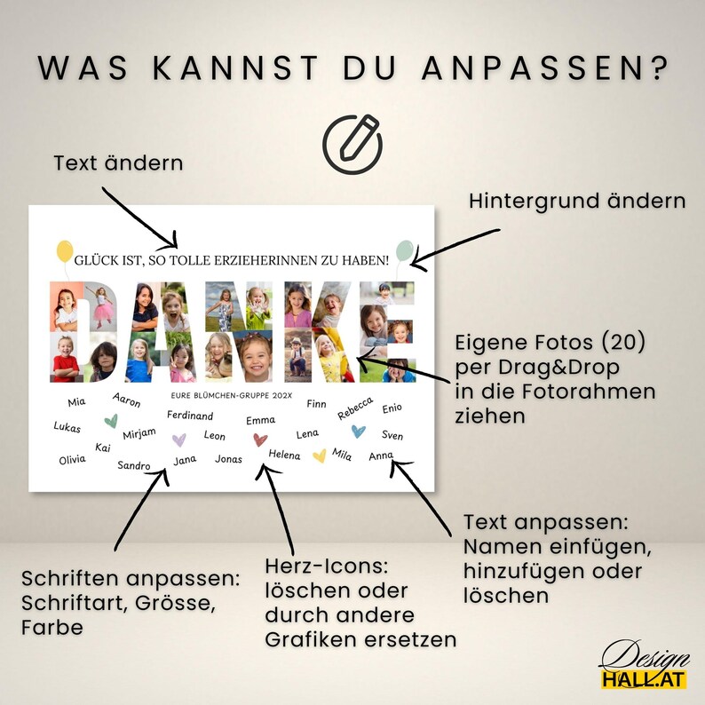 May include: A customizable photo collage with the German word "DANKE" (THANK YOU) formed by children's photos. The design includes text options, background changes, and the ability to add or remove names. The text at the top says "WHAT CAN YOU CUSTOMIZE?"