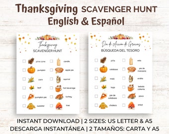 Spanisch & Englisch Thanksgiving-Schnitzeljagd, Búsqueda del Tesoro Día de Acción de Gracias, Zweisprachig, Sofort Download PDF, US Letter + A4