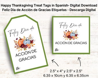 Thanksgiving-Leckerei-Tags auf Spanisch, Bag tags, Etiquetas calabaza, Agradecimiento, PDF
