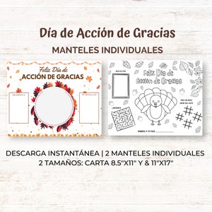 Jogo americano de Ação de Graças em espanhol, Puesto individual Día de Acción de Gracias español, Actividad juegos niños, Búsqueda del Tesoro, Descarga PDF