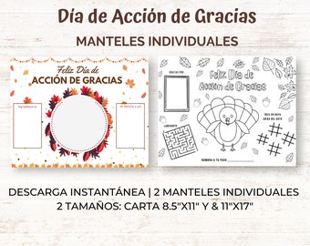 Thanksgiving Tischset Spanisch, Puesto individuell Día de Acción de Gracias español, Actividad juegos niños, Búsqueda del Tesoro, Descarga PDF