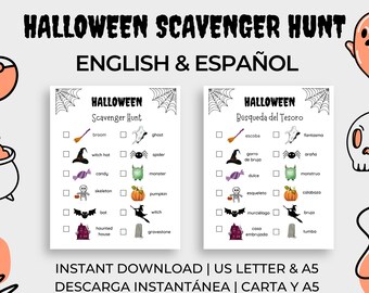 Spanish & English Halloween Scavenger Hunt, Printable, Bilingual, Búsqueda del Tesoro Halloween, Actividad Bilingüe, Español e Inglés