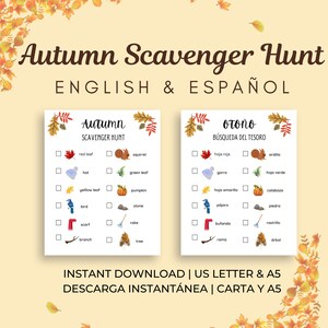 Spanish & English Autumn Scavenger Hunt, Búsqueda del Tesoro de Otoño, Printable, Bilingual, Actividad Bilingüe, Español e Inglés, Digital