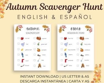 Spanish & English Autumn Scavenger Hunt, Búsqueda del Tesoro de Otoño, Printable, Bilingual, Actividad Bilingüe, Español e Inglés, Digital