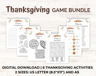 Thanksgiving Spiele Bundle, Aktivitäten für Kinder, druckbare Partyspiele für das Klassenzimmer, Labyrinth, Labyrinth, Schnitzeljagd, Malseite, Herbstspiele