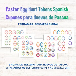 Peut inclure: Jetons de chasse aux œufs de Pâques imprimables en espagnol. L'image montre six feuilles de jetons colorés en forme d'œuf avec divers motifs et valeurs. Le texte comprend "Easter Egg Hunt Tokens Spanish" et "Cupones para Huevos de Pascua."