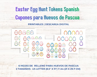 Easter Egg Hunt Tokens in Spanish, Relleno para Huevos de Pascua, Premios, Cupones, y Huevos en Blanco, Rewards, Money, and Blank Coupons