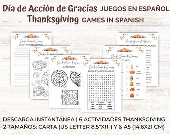 Thanksgiving Printable Games in Spanish, Día Acción de Gracias en español, Thanksgiving Spanish Bundle, Actividades juegos niños, Kid Games