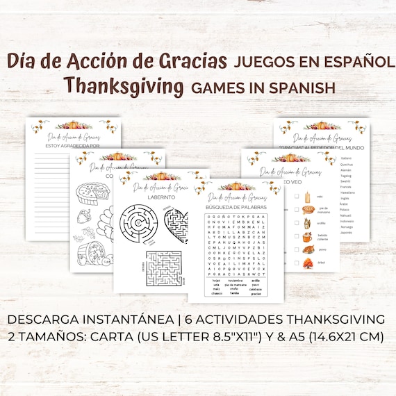 Thanksgiving Printable Games in Spanish, Día Acción de Gracias en español, Thanksgiving Spanish Bundle, Actividades juegos niños, Kid Games