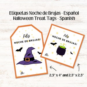 Halloween Treat Tags Spanish, Etiquetas Noche de Brujas, Bolsa de Golosinas, Recuerdo Fiesta de Halloween, PDF, Descarga Instantánea