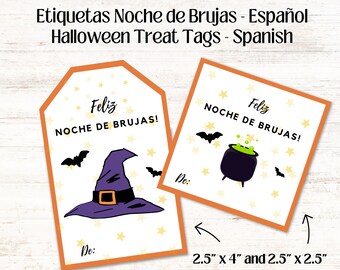 Halloween Treat Tags Spanish, Etiquetas Noche de Brujas, Bolsa de Golosinas, Recuerdo Fiesta de Halloween, PDF, Descarga Instantánea