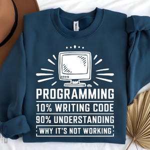 May include: A teal blue sweatshirt with a white graphic of a computer monitor and the text "PROGRAMMING 10% WRITING CODE 90% UNDERSTANDING : WHY IT'S NOT WORKING :"