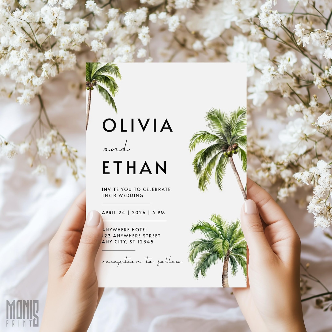 Palm Tree Wedding Invitation Canva Template, Tropical Beach Destination ...