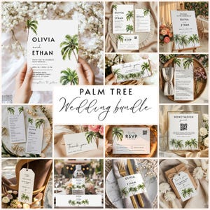 Op de afbeelding: Een trouwstationery set met een palmboomthema. De set bevat uitnodigingen, RSVP-kaarten, menu's, bedankkaarten en een welkomstbord. Het ontwerp is wit en groen.