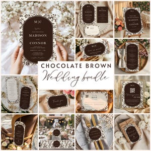 May include: A collection of chocolate brown wedding stationery with floral accents. Includes invitations, RSVP cards, menu cards, and thank you cards. The text includes the names Madison and Connor.