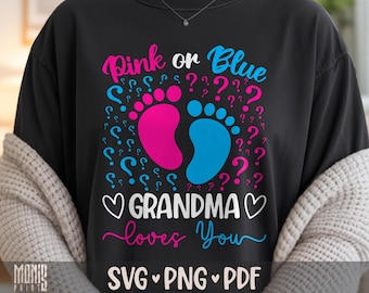 Diseño de camiseta rosa o azul "Abuela te ama" SVG PNG, lindo diseño de revelación de género, archivo de corte para Cricut, silueta, clipart imprimible, sublimación
