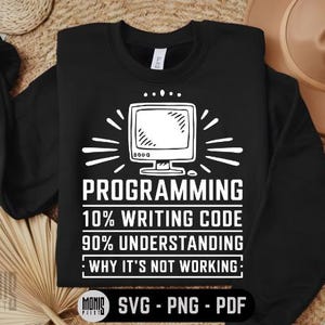 May include: Black sweatshirt with a white graphic of a computer monitor and the text "PROGRAMMING 10% WRITING CODE 90% UNDERSTANDING WHY IT'S NOT WORKING:"