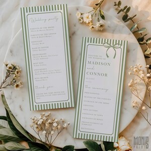 May include: Two wedding programs with green striped borders and text. One program lists the wedding party, including the bride, groom, and officiant. The other program welcomes guests to the wedding of Madison and Connor, with the ceremony details.