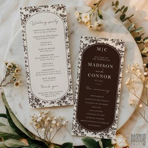 Chocolate Brown Floral Toile Wedding Program Canva Template, Brown Chinoiserie Wedding Day Timeline, Rustic Wedding Program Template
